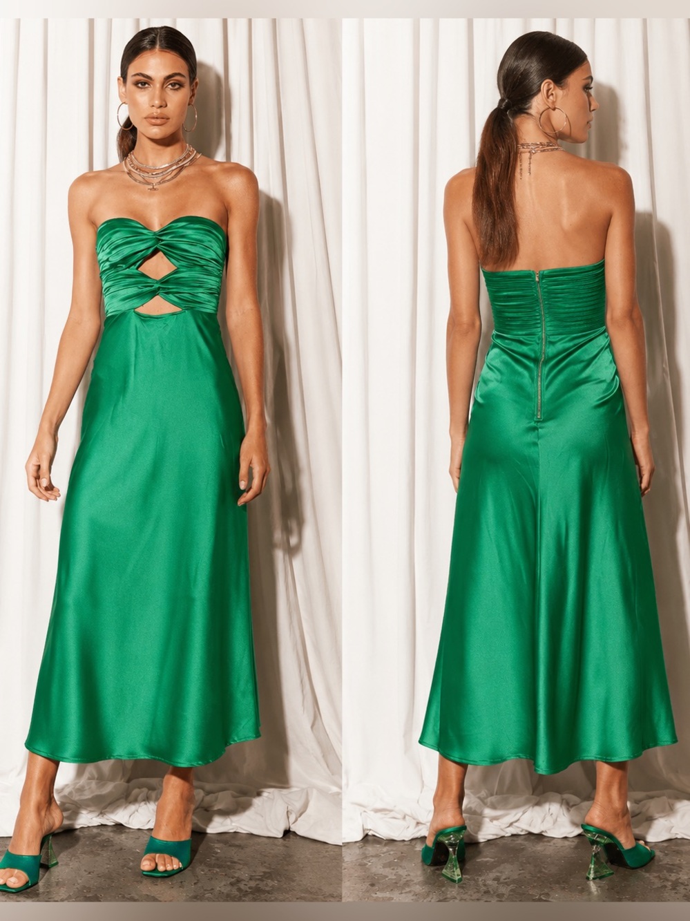Runaway The Label Mich Emerald Satin Strapless Cutout Maxi Dress Size 8 NWT